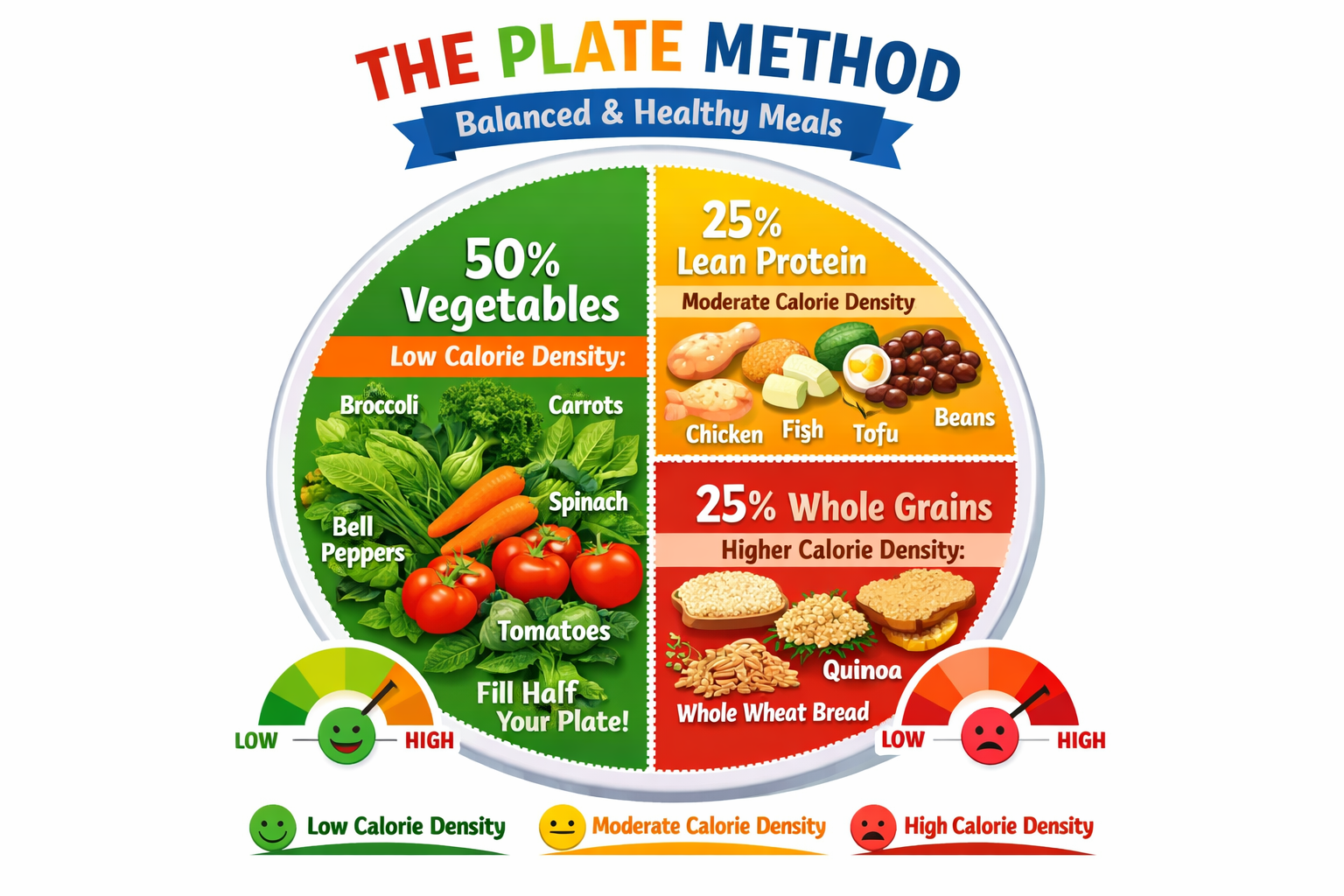 Infographic-style visual: a colorful 'plate method' diagram divided into sections showing 50% vegetables, 25% lean protein,