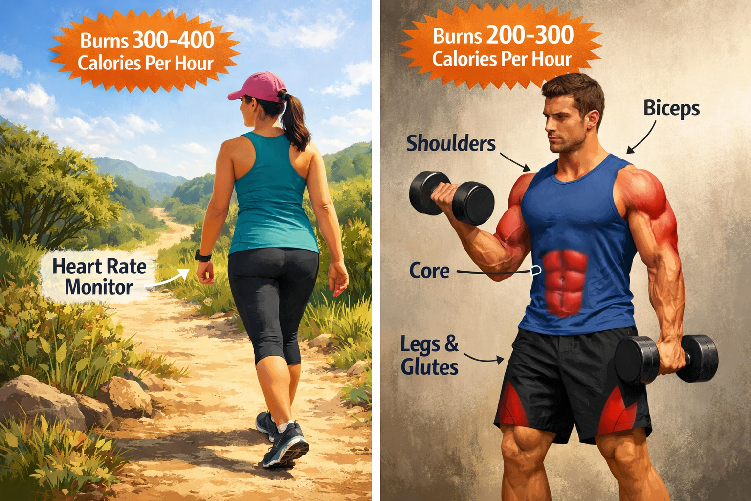 Split-panel visual guide: left side shows a person walking on a sunny trail with a heart-rate monitor, right side shows a