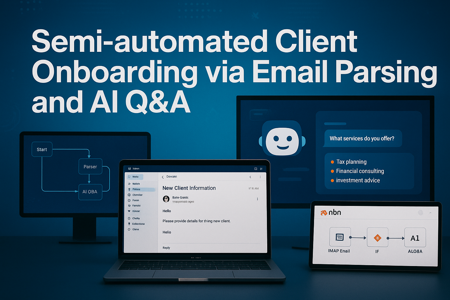 Professional landscape hero image (1536x1024) featuring bold text overlay 'Semi-automated Client Onboarding via Email Parsing and AI Q&A' in