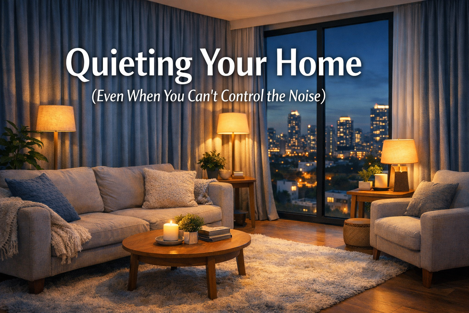 Professional landscape format (1536x1024) hero image featuring bold text overlay 'Quieting Your Home (Even When You Can't Control the Noise)