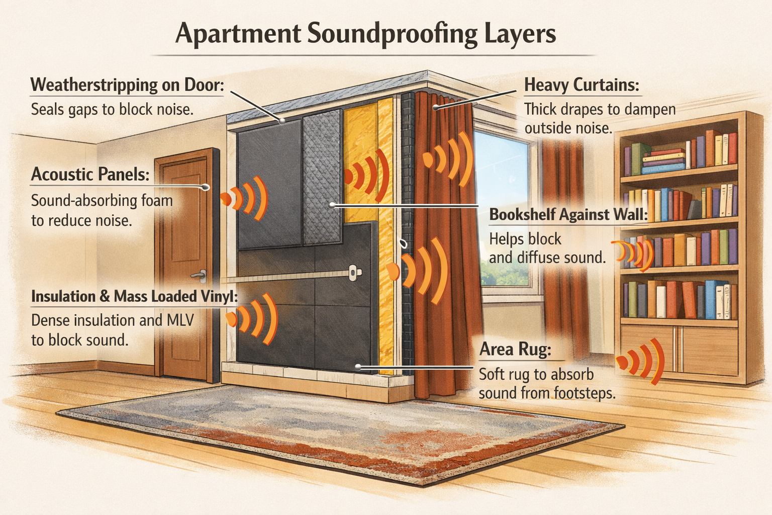 Landscape format (1536x1024) detailed infographic showing cross-section view of apartment wall with labeled soundproofing layers including a