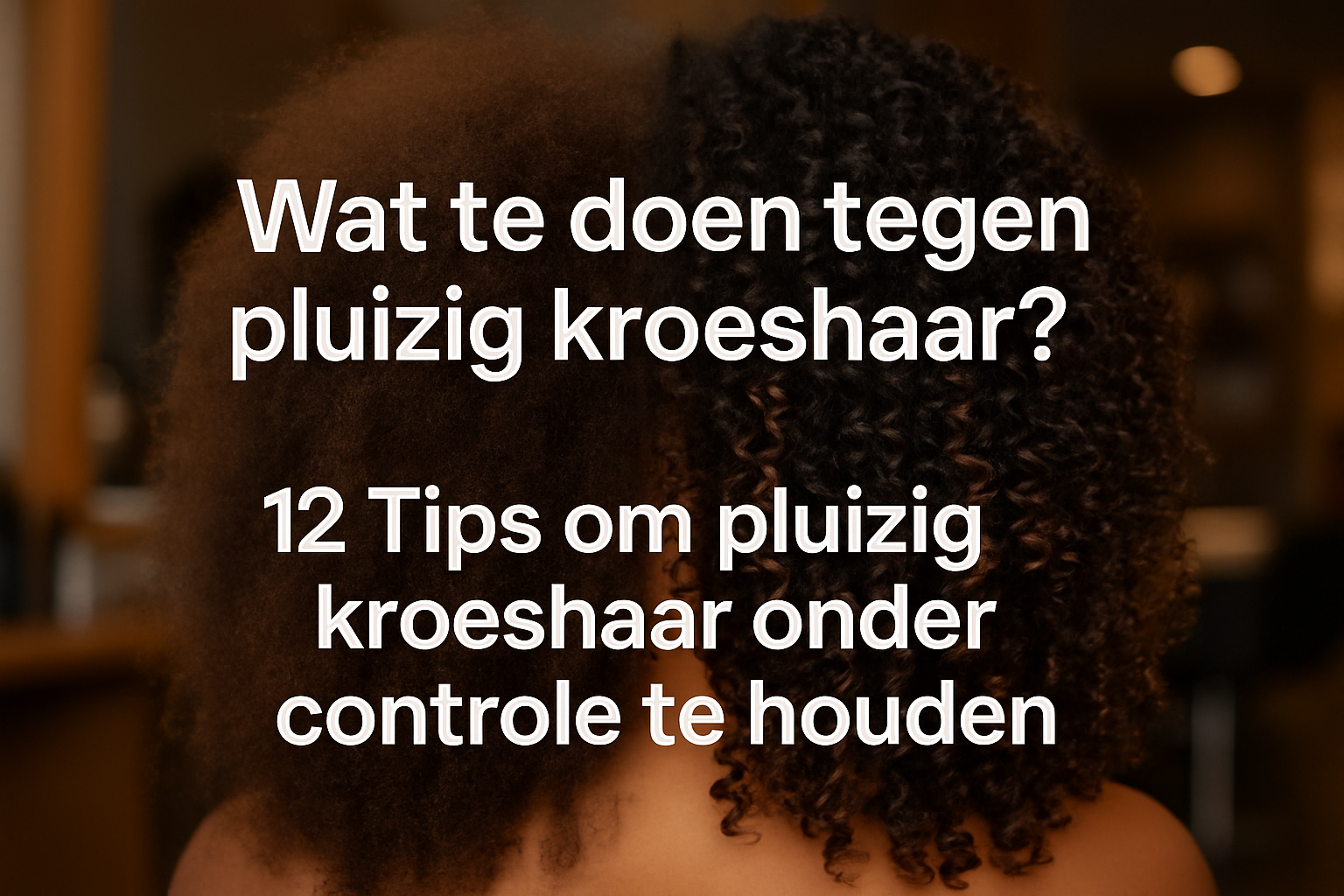 Professional landscape hero image (1536x1024) featuring bold text overlay 'Wat te doen tegen pluizig kroeshaar? 12 Tips om pluizig kroeshaar