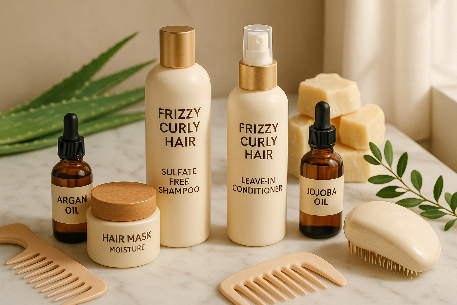 Detailed landscape editorial image (1536x1024) showing professional hair care product arrangement for frizzy curly hair management. Center f