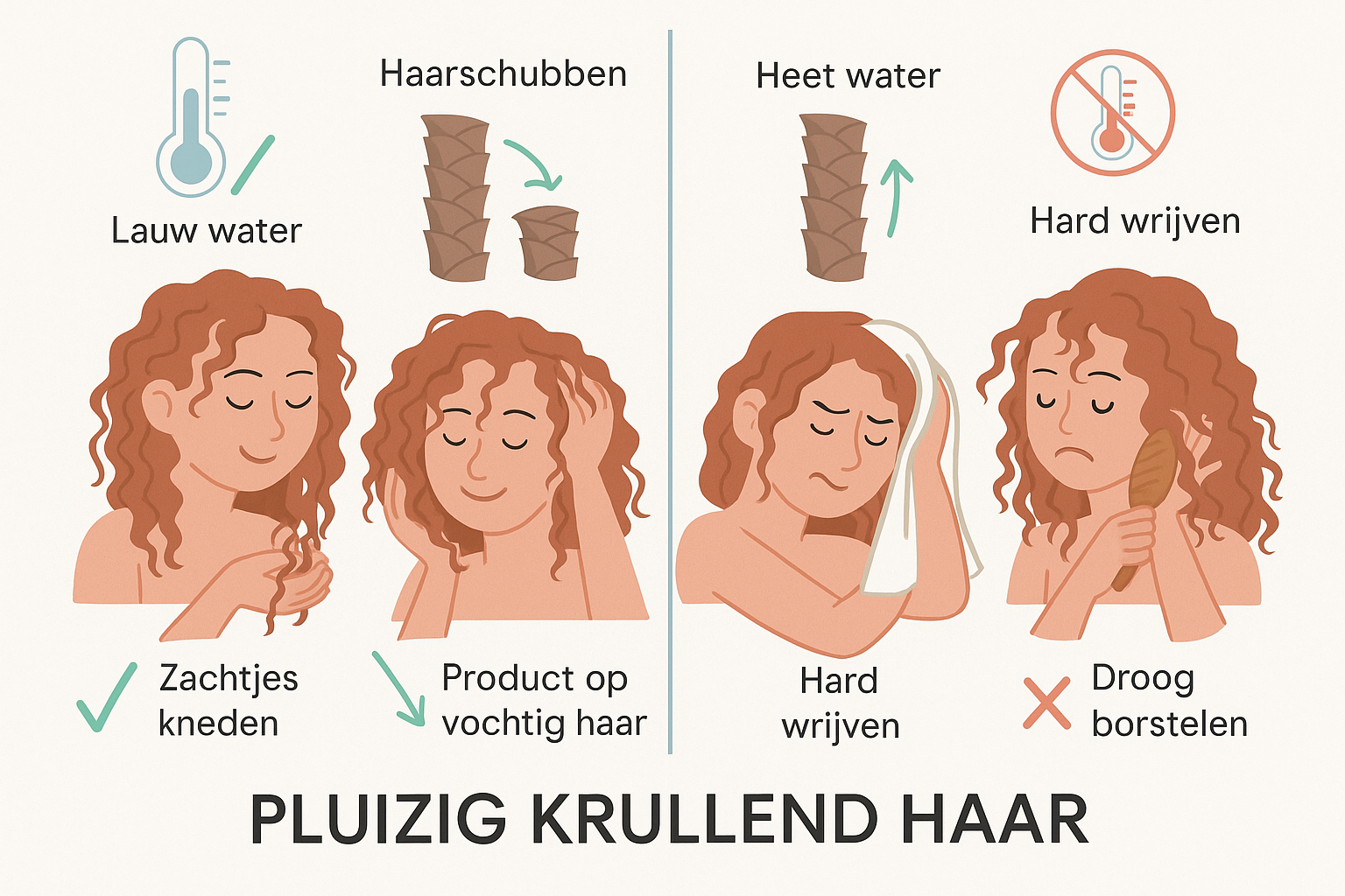 Informative landscape infographic-style image (1536x1024) illustrating proper hair washing and styling techniques for frizzy curly hair. Spl
