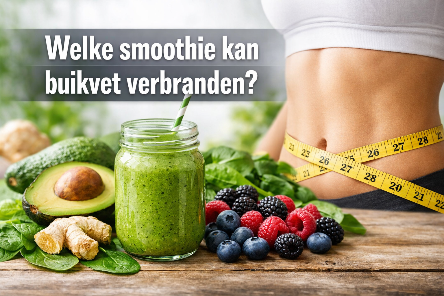 Professional landscape hero image (1536x1024) featuring bold text overlay 'Welke smoothie kan buikvet verbranden?' in extra large 72pt white