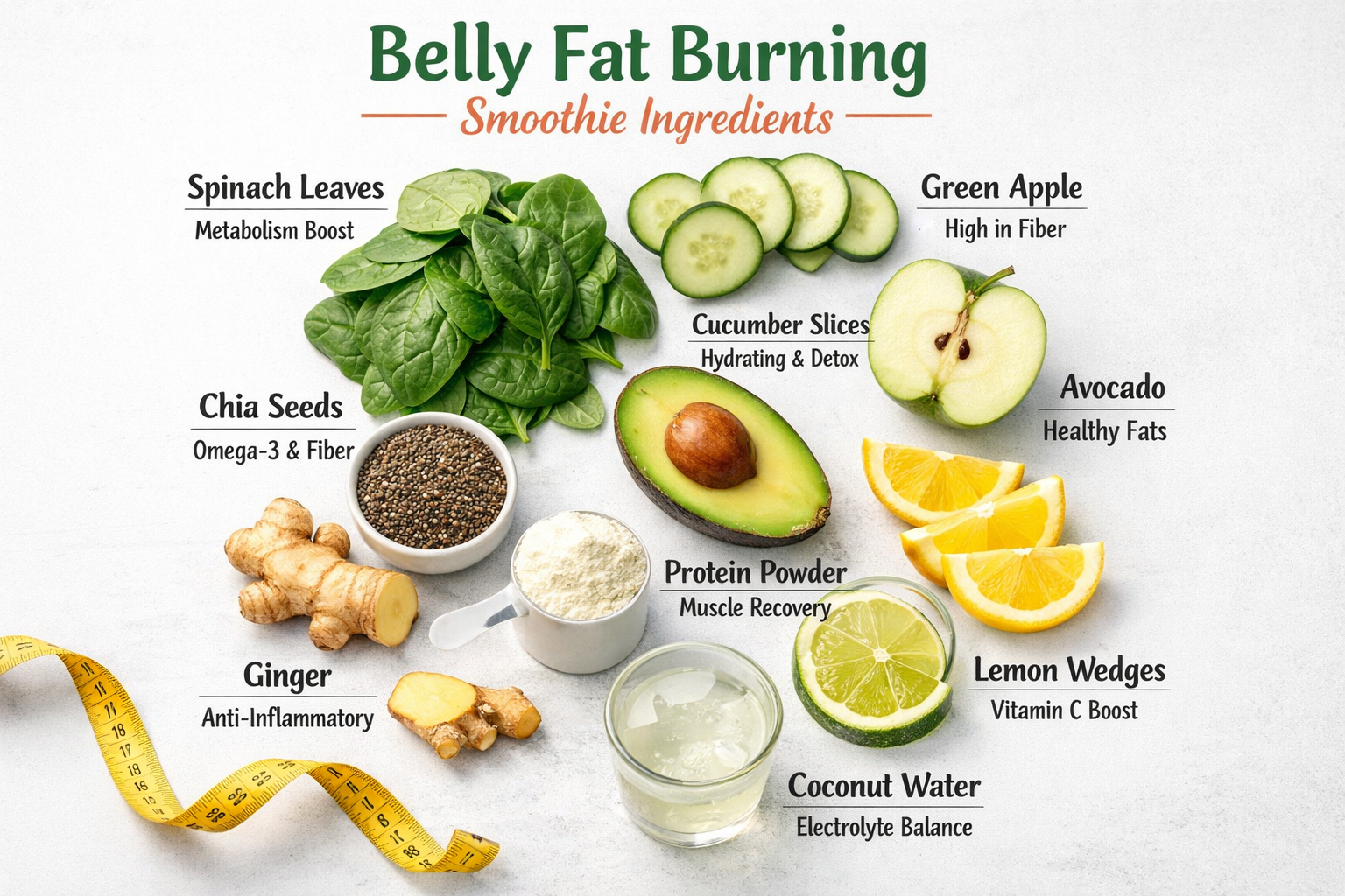 Detailed infographic showing belly fat burning smoothie ingredients laid out in circular arrangement: fresh spinach leaves, cucumber slices,