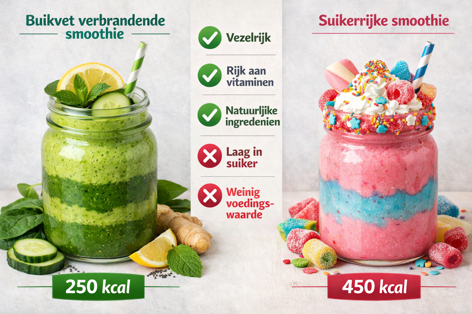 Side-by-side comparison visual showing two mason jar smoothies: left jar labeled 'buikvet verbrandende smoothie' with layered green smoothie