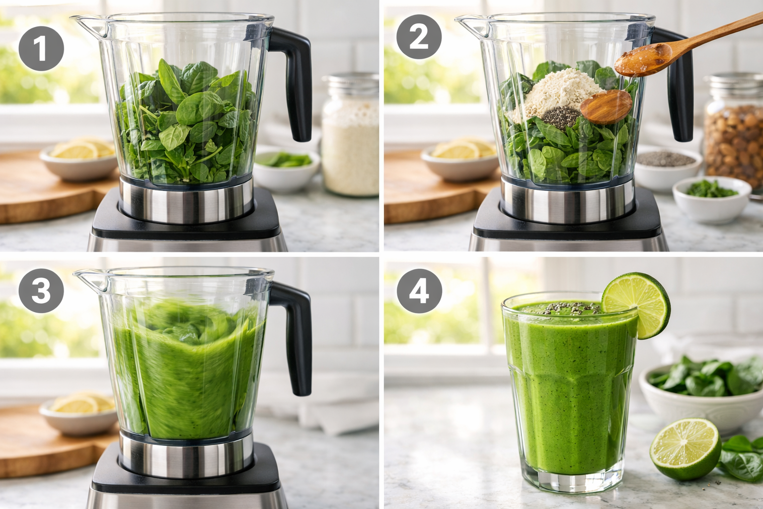 Step-by-step visual recipe guide showing four stages of smoothie preparation: stage 1 shows blender with leafy greens, stage 2 adds protein