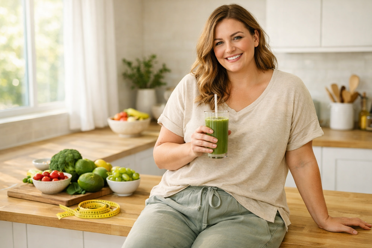Lifestyle photograph showing healthy woman in comfortable clothing holding green smoothie in modern kitchen, natural morning light through w