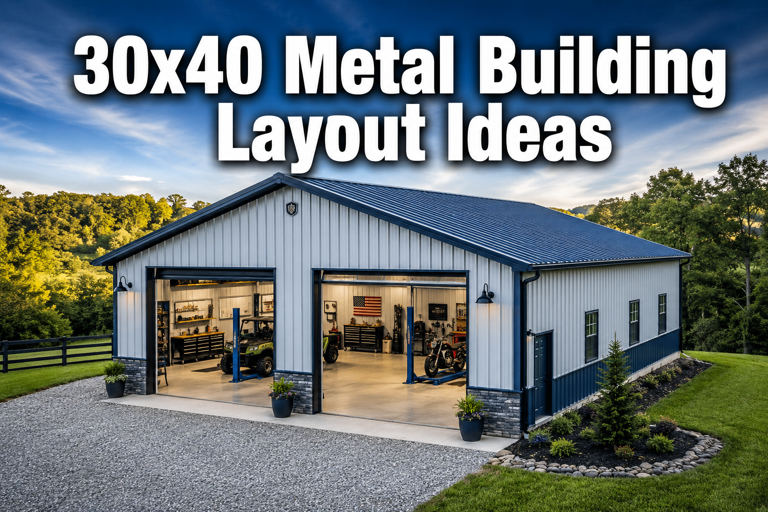 Professional () hero image with : '30x40 Metal Building Layout Ideas' in extra large white with dark drop , centered in