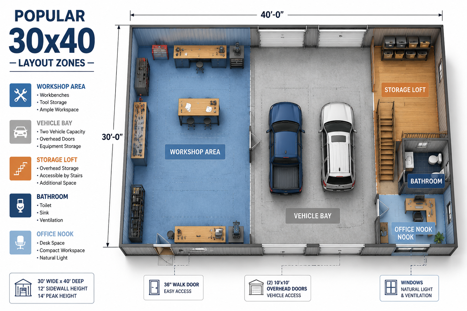 Detailed () architectural illustration showing a bird's-eye floor plan diagram of a 30x40 metal building interior with