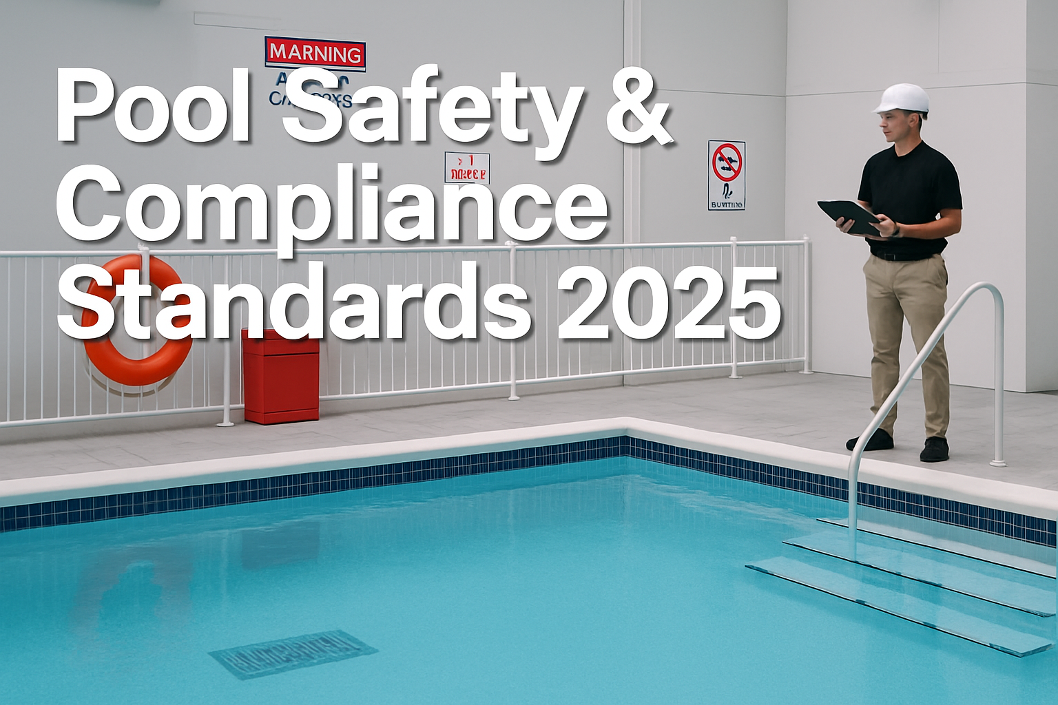 Professional landscape hero image (1536x1024) featuring bold text overlay 'Pool Safety & Compliance Standards 2025' in extra large 72pt whit