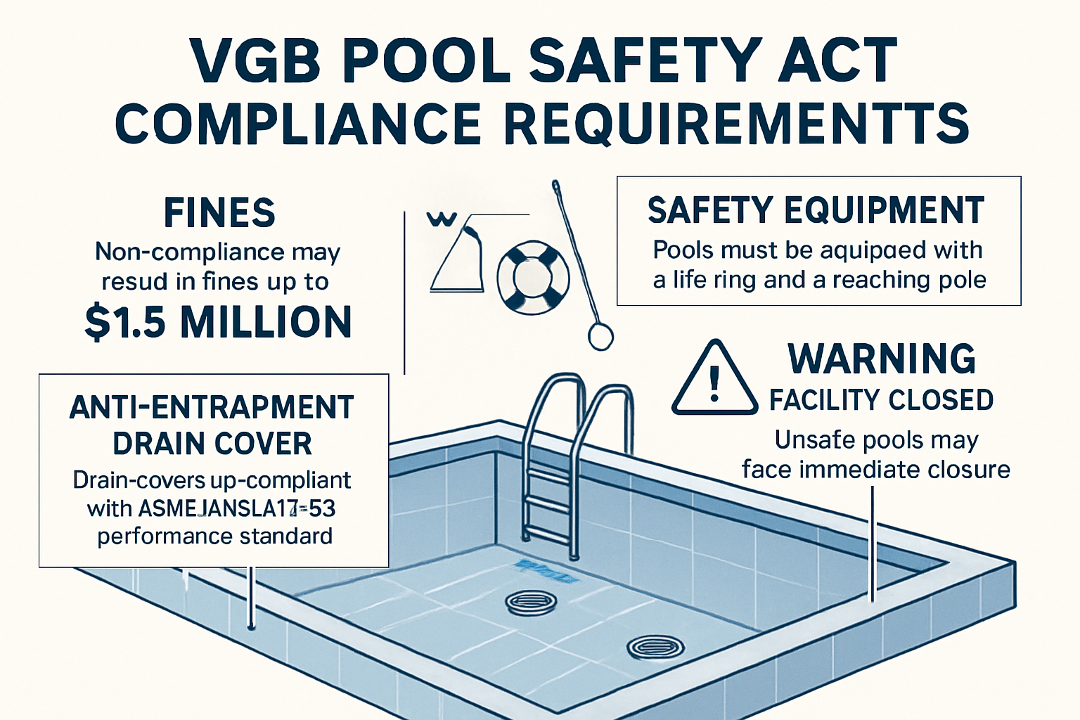 Detailed infographic showing VGB Pool Safety Act compliance requirements including anti-entrapment drain covers, safety equipment specificat