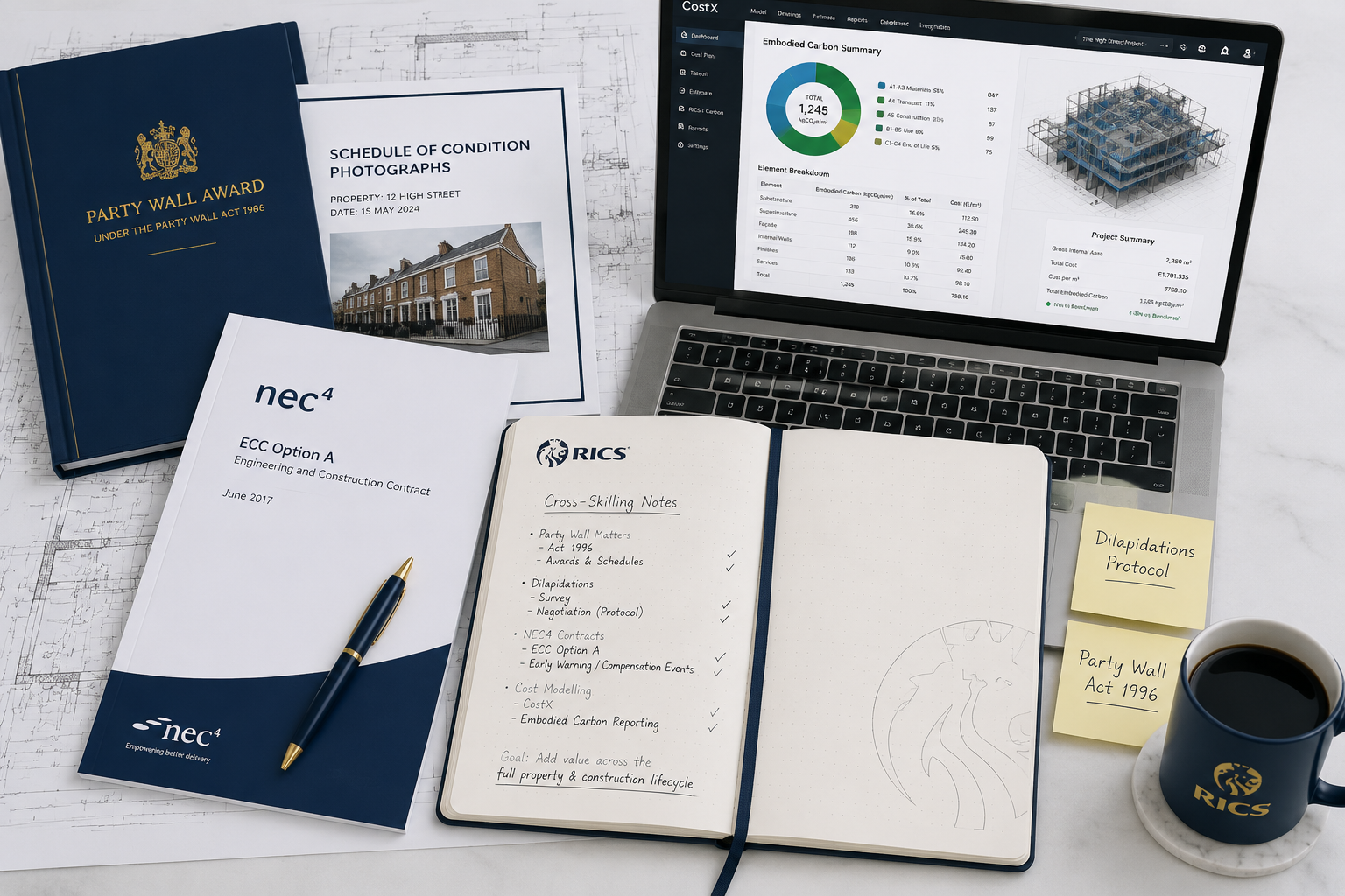 Overhead flat-lay editorial image of a professional desk showing party wall award documents, schedule of condition