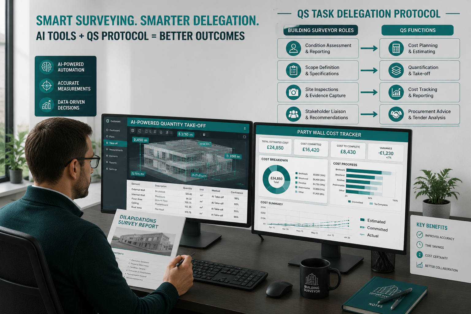 Infographic-style editorial illustration showing a building surveyor at a modern desk with dual monitors: one screen