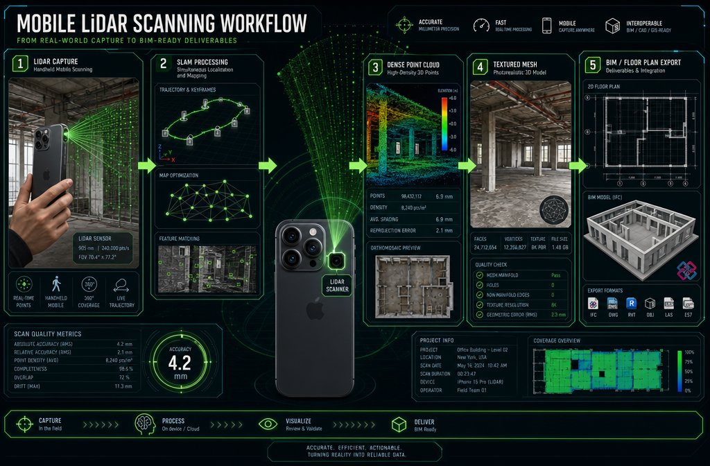 () technical infographic-style image showing a step-by-step mobile 3D scanning workflow: icons and arrows illustrating