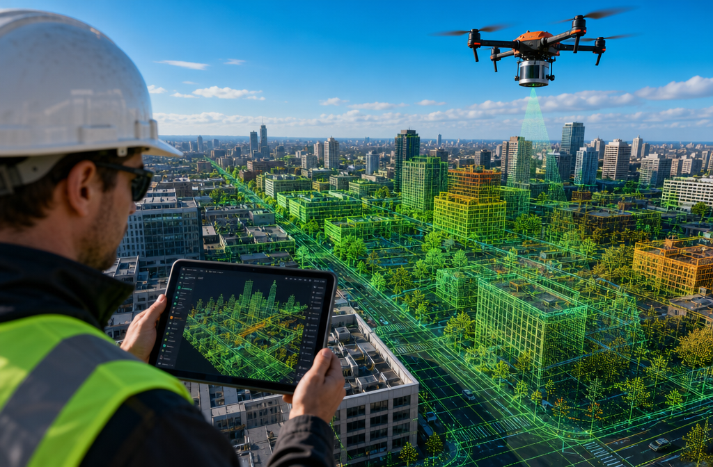 () wide-angle aerial perspective showing a UAV drone equipped with a LiDAR sensor flying over a dense urban cityscape with