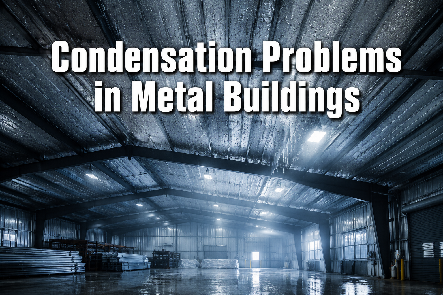 Professional () hero image with : 'Condensation Problems in Metal Buildings' in extra large white with dark drop , centered
