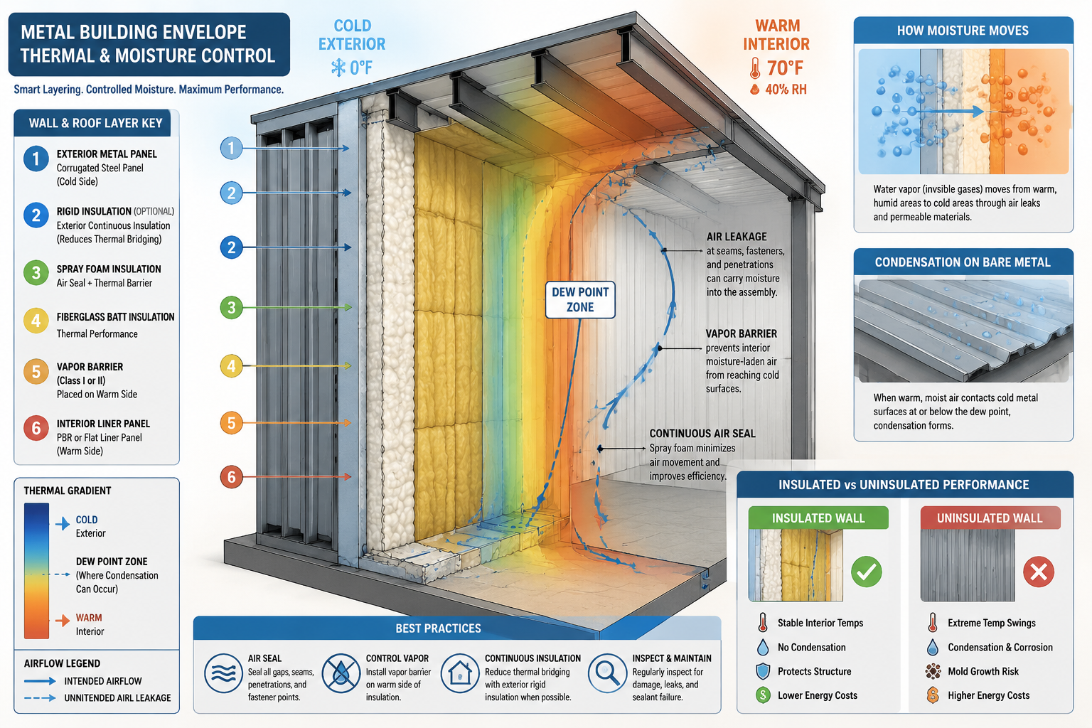 Detailed () educational infographic-style illustration showing a cross-section cutaway of a metal building wall and roof