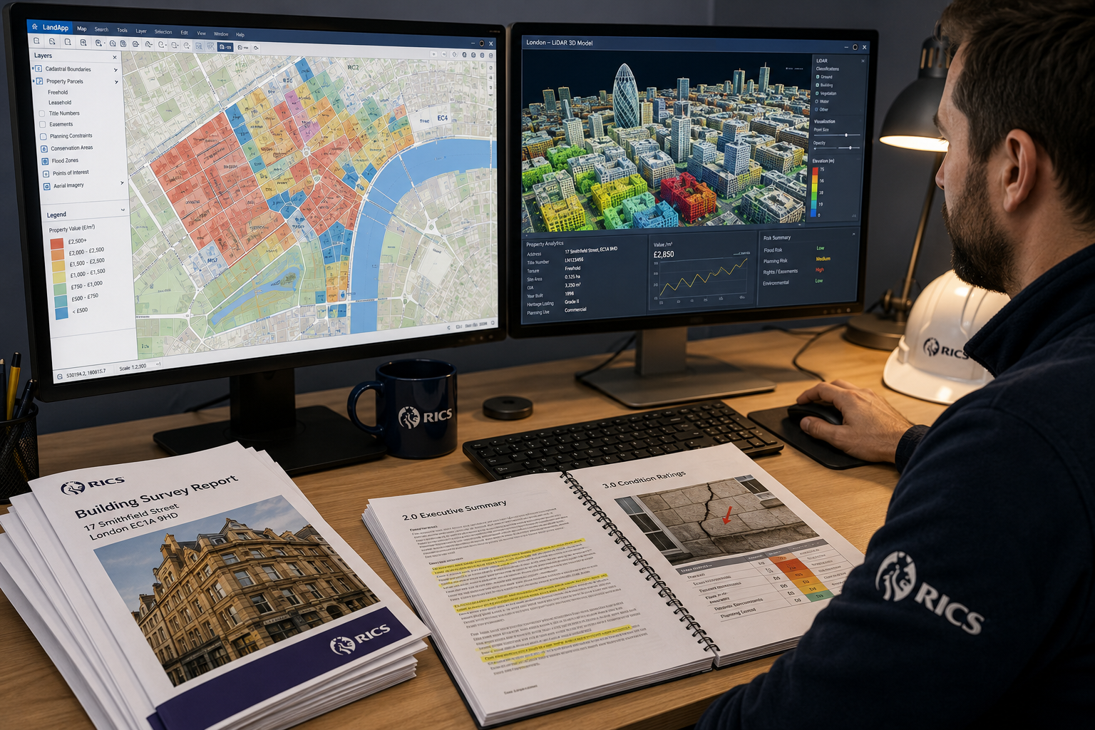 () editorial illustration showing a professional surveyor at a desktop workstation with dual monitors displaying GIS