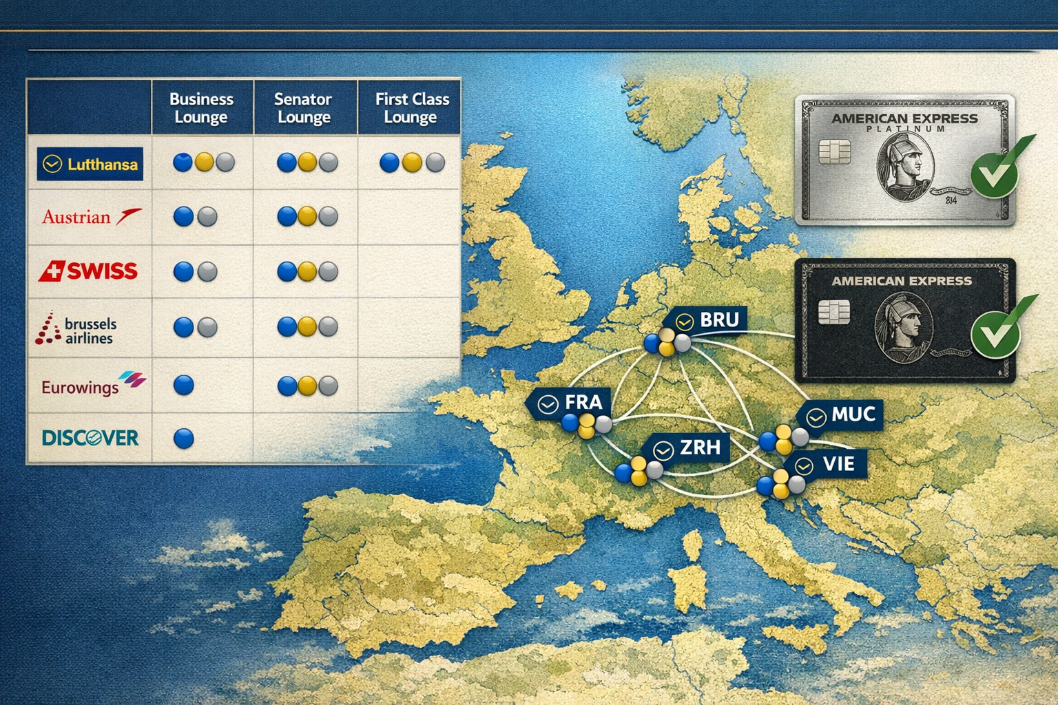 Detailed landscape format (1536x1024) infographic-style image showing comprehensive map of Europe with major airport hubs highlighted (Frank