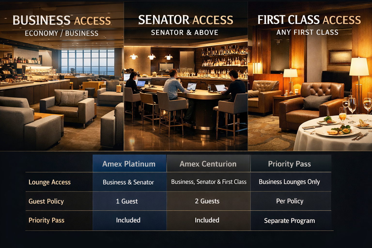 Detailed landscape format (1536x1024) comparison visualization showing three distinct lounge interior scenes side-by-side: left panel displa