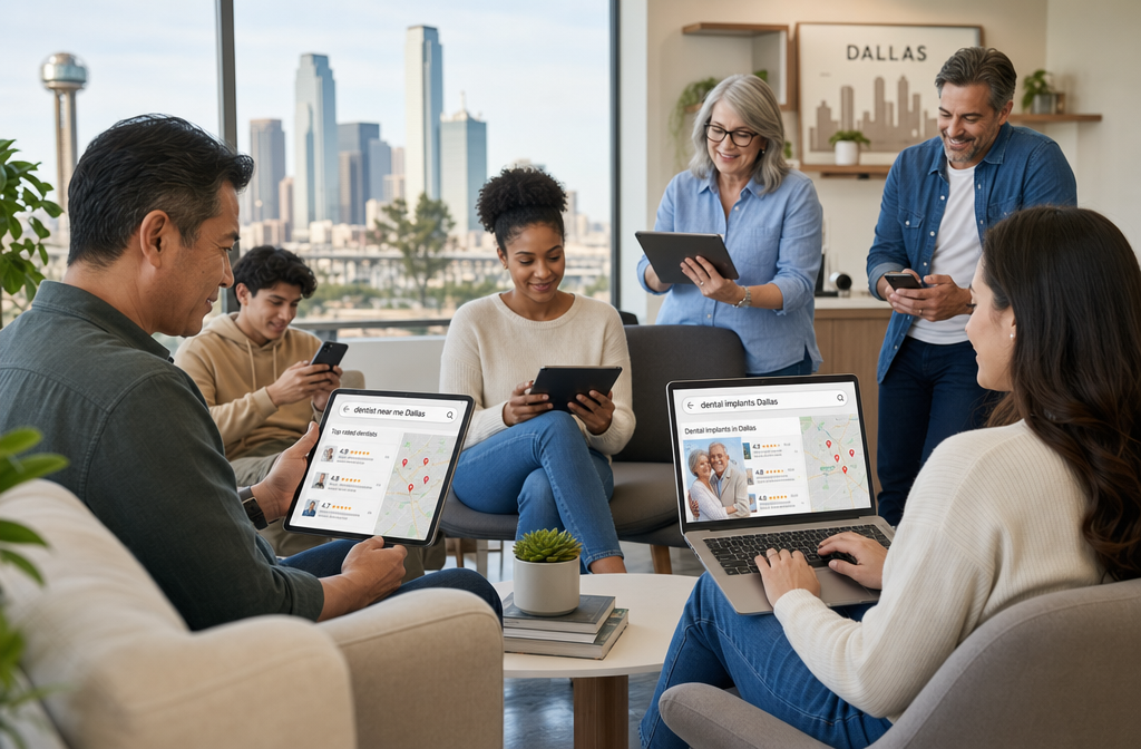 Landscape image () depicting a diverse group of patients, each thoughtfully researching dental clinics on laptops and
