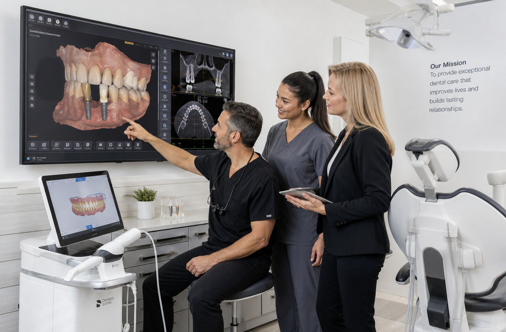 Landscape image () illustrating a collaborative dental team (dentist, dental assistant, office staff) reviewing a 3D dental