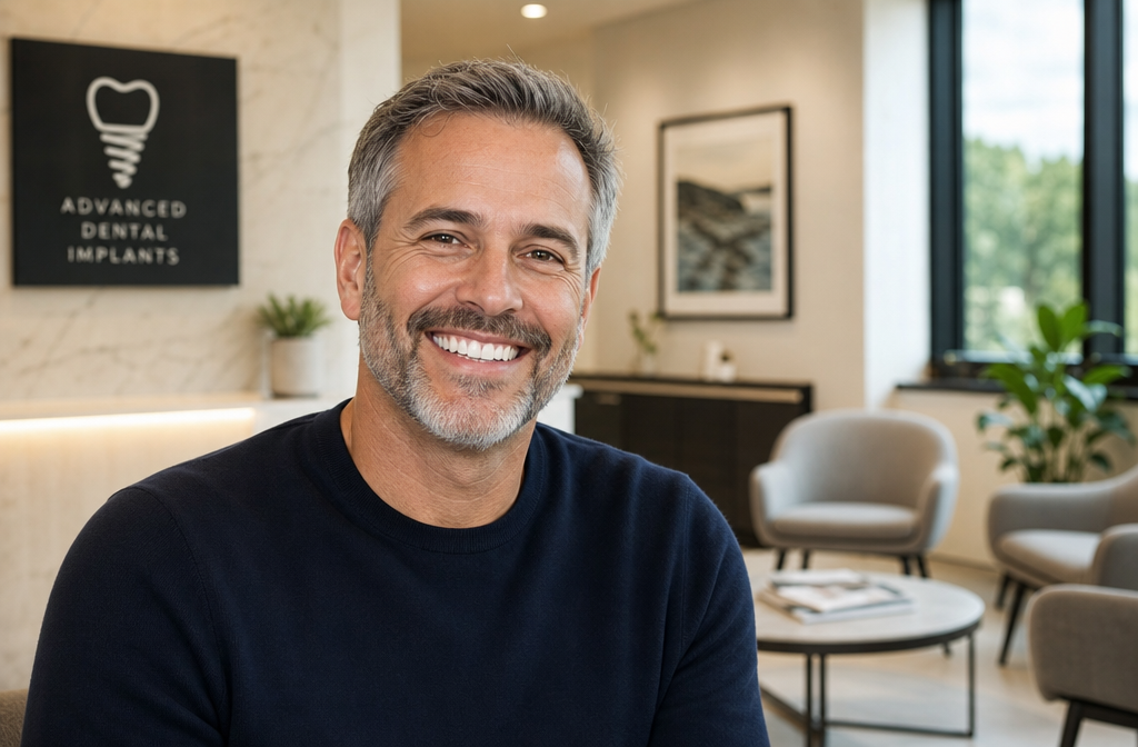 Landscape image () featuring a patient smiling confidently after successful dental implant treatment, subtly showcasing a