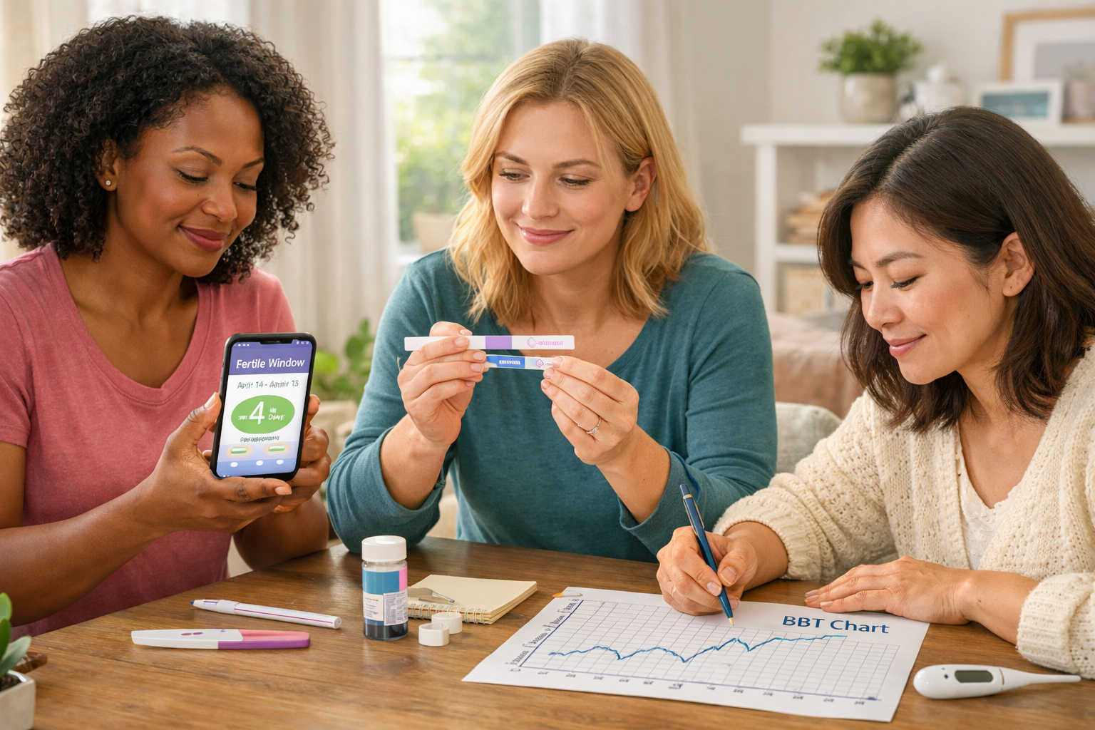 Detailed () image showing a diverse group of individuals interacting with different methods of tracking fertility. One