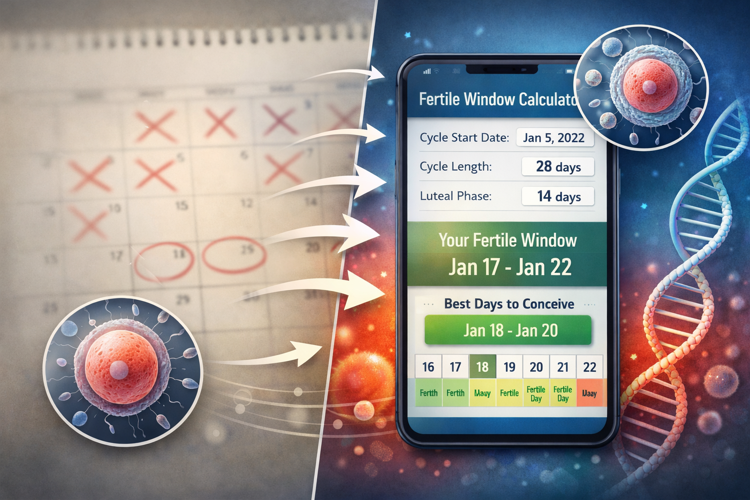 Detailed () image illustrating the contrast between different approaches to fertility tracking. On one side, a slightly