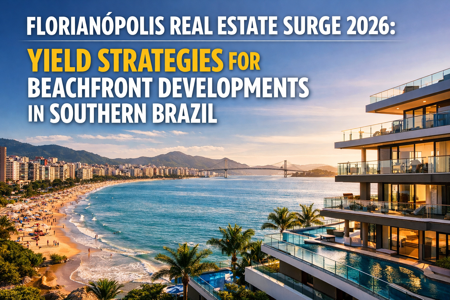 Professional landscape hero image (1536x1024) with bold text overlay: "Florianópolis Real Estate Surge 2026: Yield Strategies for Beachfront