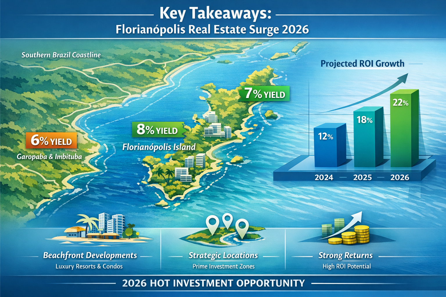 Panoramic infographic visualizing 'Key Takeaways' for Florianópolis Real Estate Surge 2026, featuring stylized map of Southern Brazil coastl