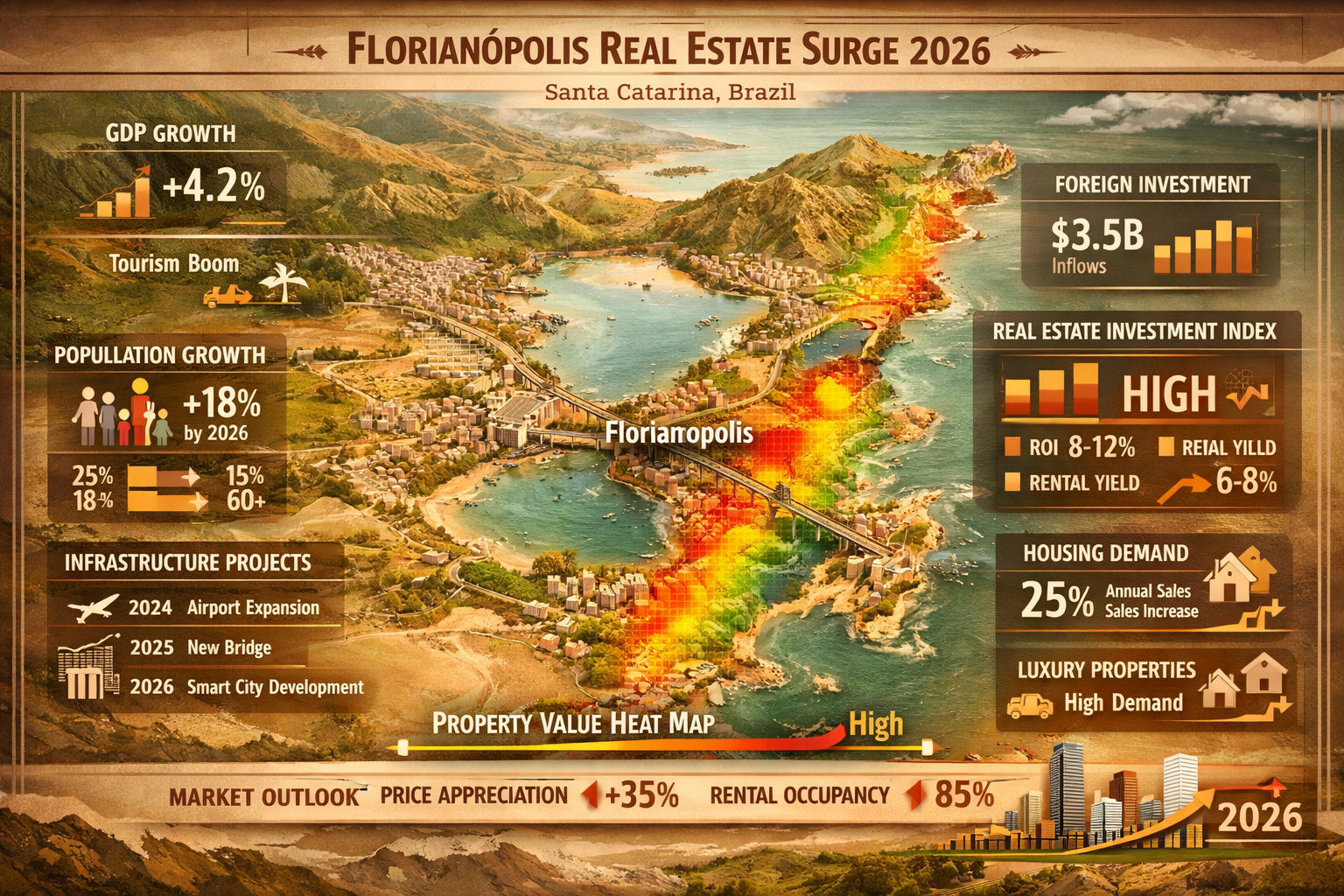 Comprehensive market fundamentals visualization for Florianópolis Real Estate Surge 2026, integrating topographical map of Santa Catarina re