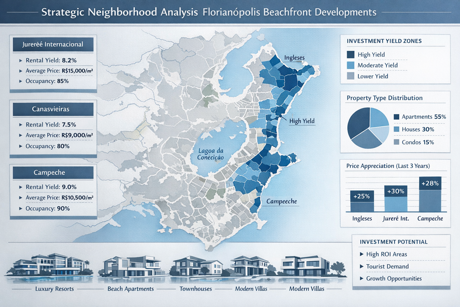 Strategic neighborhood analysis infographic for Florianópolis beachfront developments, featuring detailed zonal map with color-coded investm
