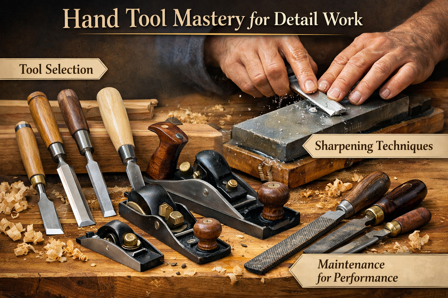 A detailed landscape image (1536x1024) illustrating the crucial aspects of selecting and preparing hand tools for fine woodworking. The fore