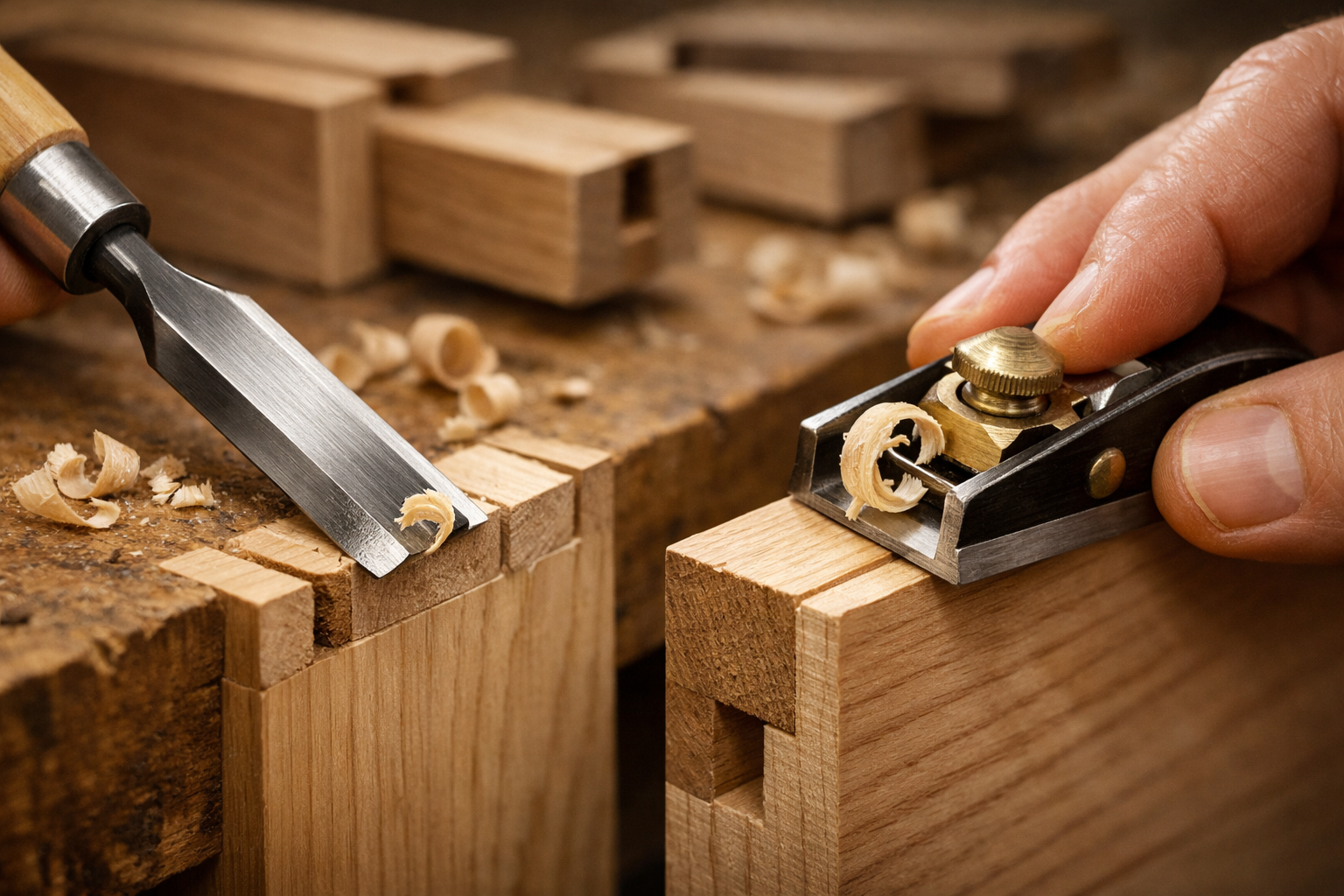 A landscape format (1536x1024) image focusing on the application of chisels and hand planes in refined joinery. The scene shows a close-up o