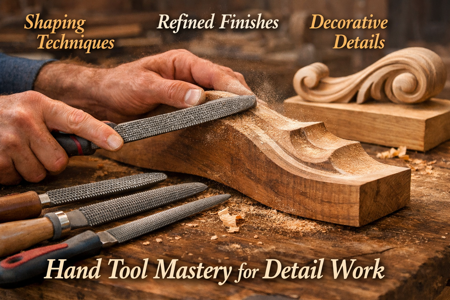 A vivid landscape image (1536x1024) demonstrating the use of rasps and other hand tools for intricate shaping and finishing. The foreground