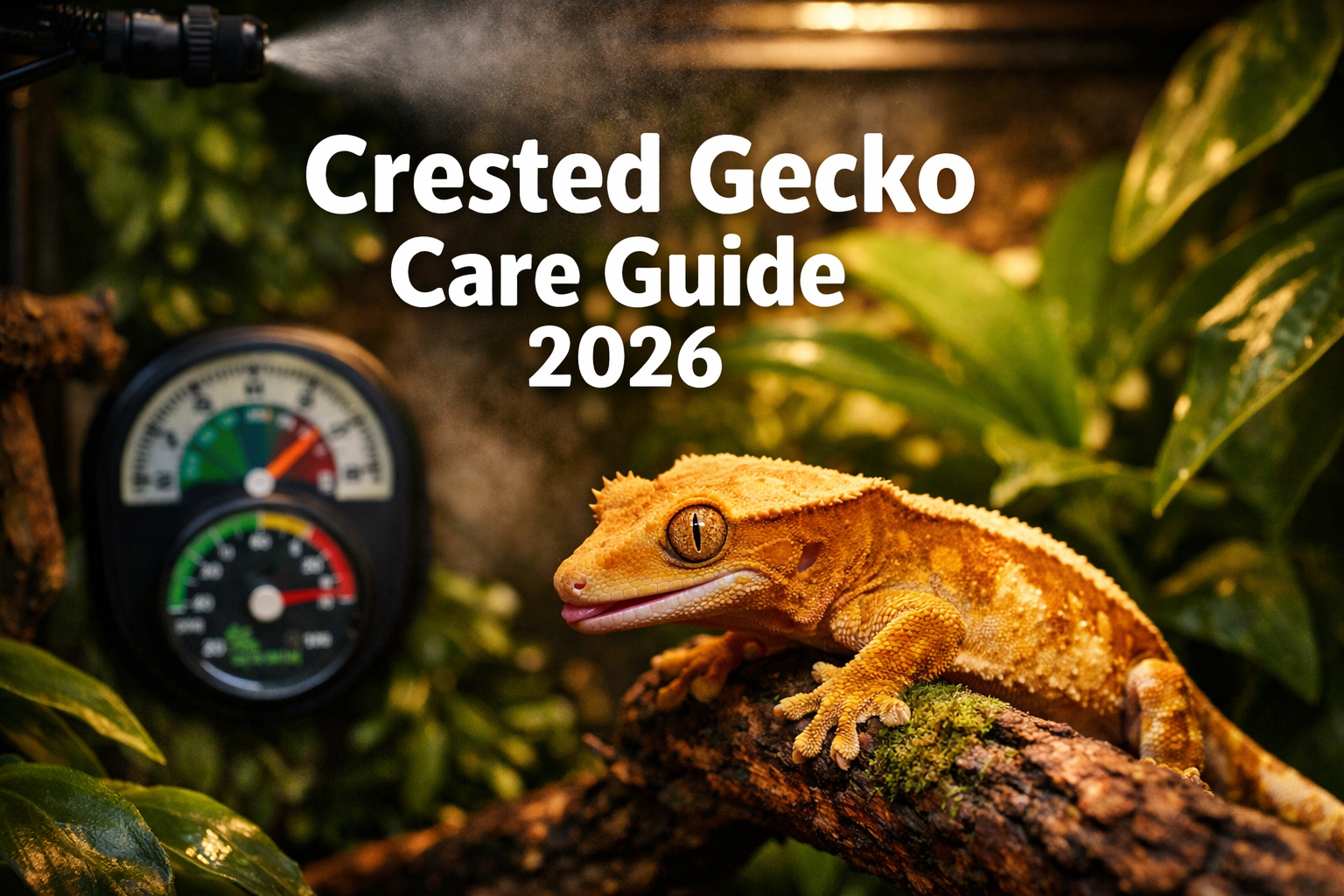Professional landscape format (1536x1024) hero image featuring bold text overlay 'Crested Gecko Care Guide 2026' in extra large 72pt white s
