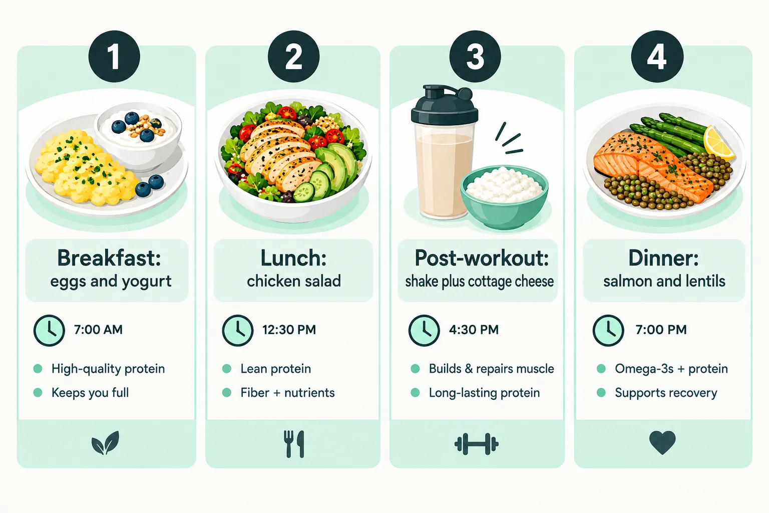 What does a typical high-protein day of meals look like after 40?