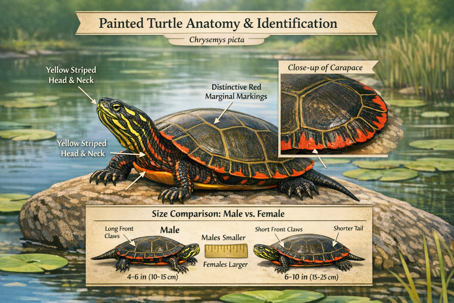 Detailed landscape image (1536x1024) showing painted turtle anatomy and identification features with scientific diagram overlay, close-up of