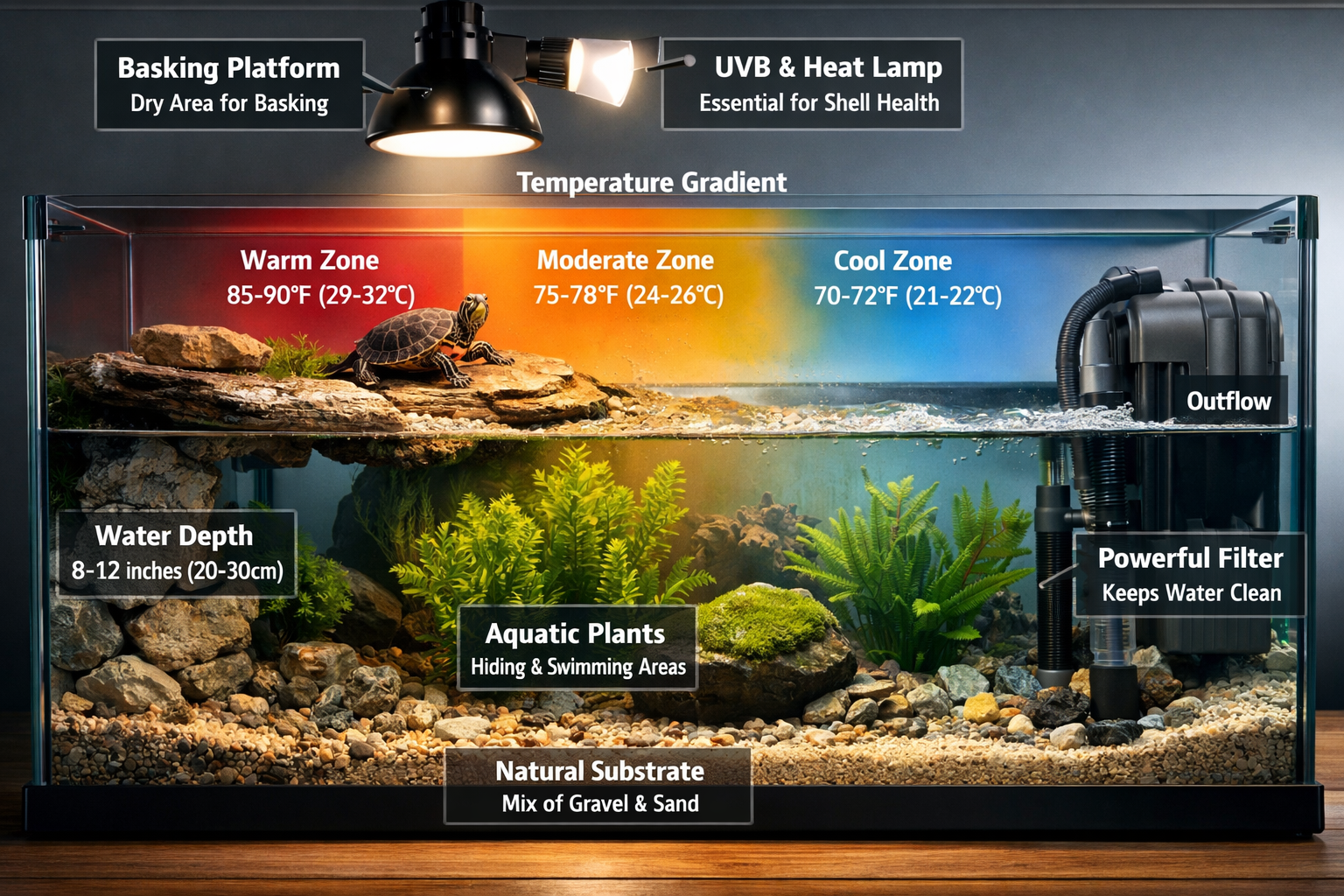 Professional aquatic habitat setup image (1536x1024) featuring ideal painted turtle environment with basking platform, UVB lighting, aquatic
