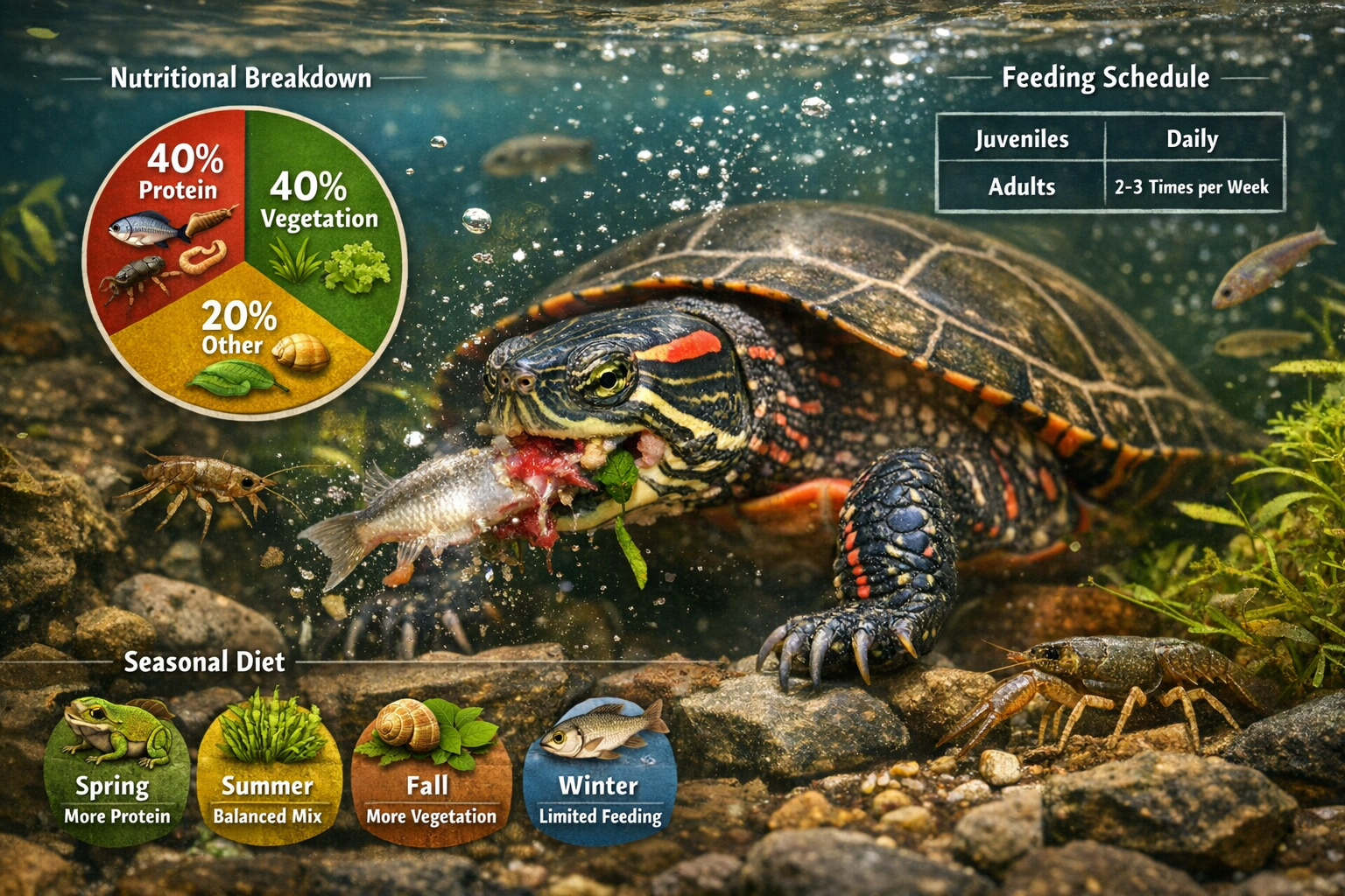 Detailed feeding behavior photograph (1536x1024) showing painted turtle consuming varied diet including aquatic plants, small fish, insects,