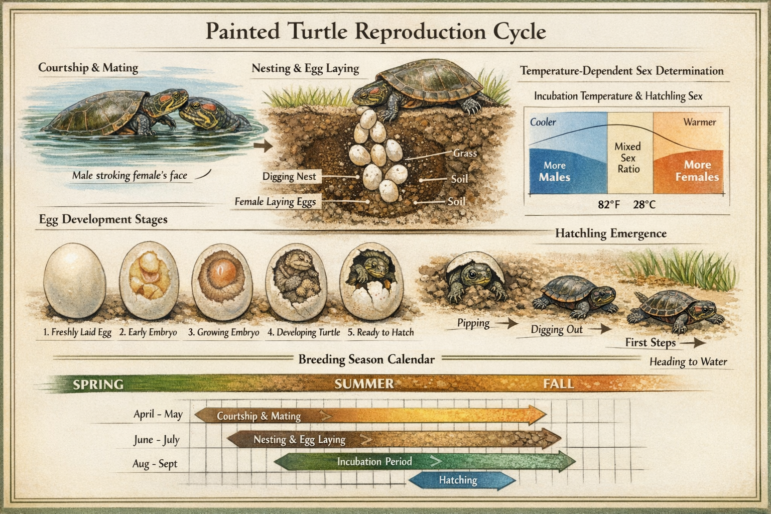 Comprehensive breeding cycle infographic (1536x1024) displaying painted turtle reproduction timeline from courtship to hatching, nest constr