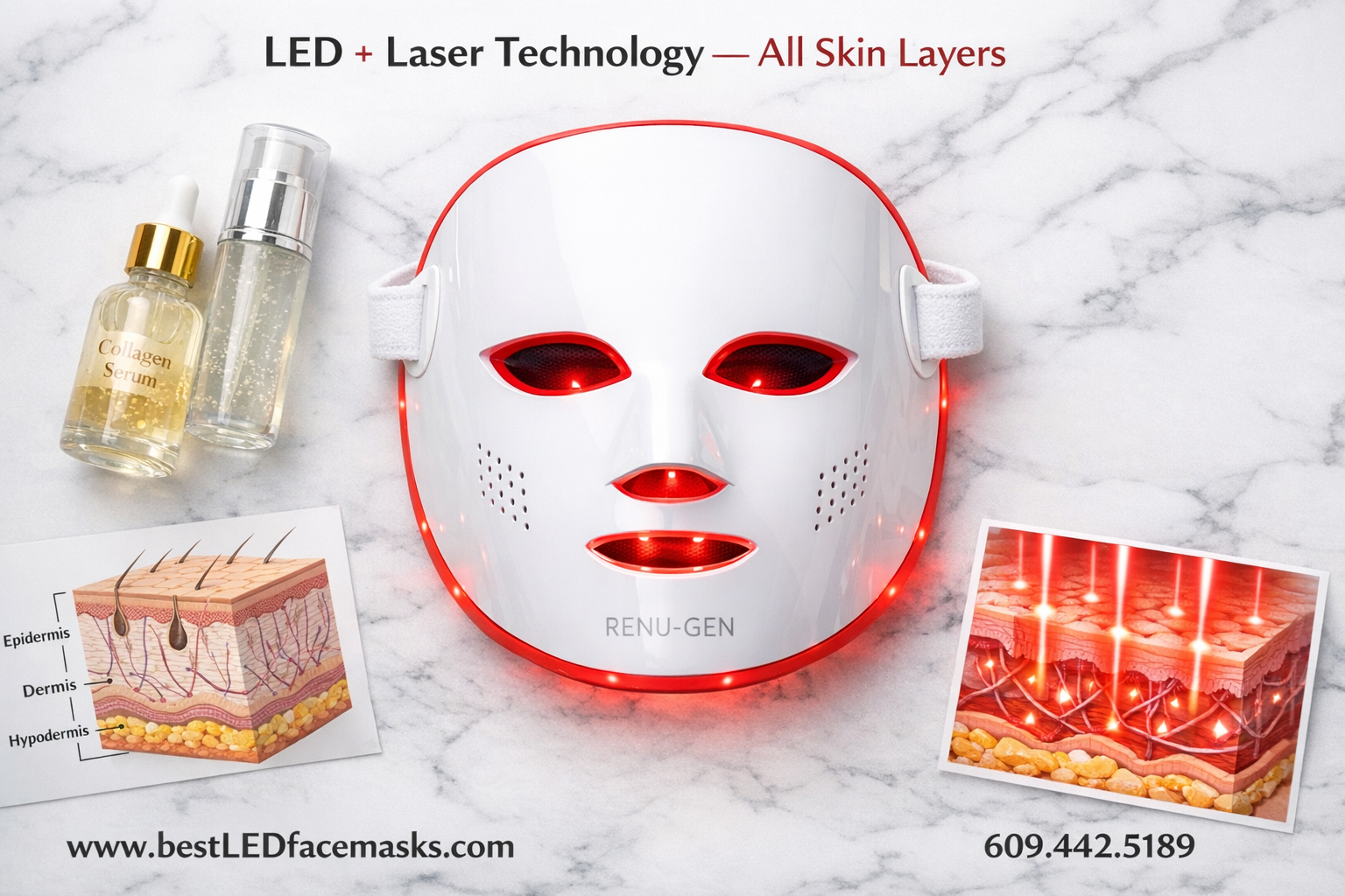 () flat-lay product shot of the Renu-Gen LED and laser red light therapy face mask on a white marble surface, surrounded by