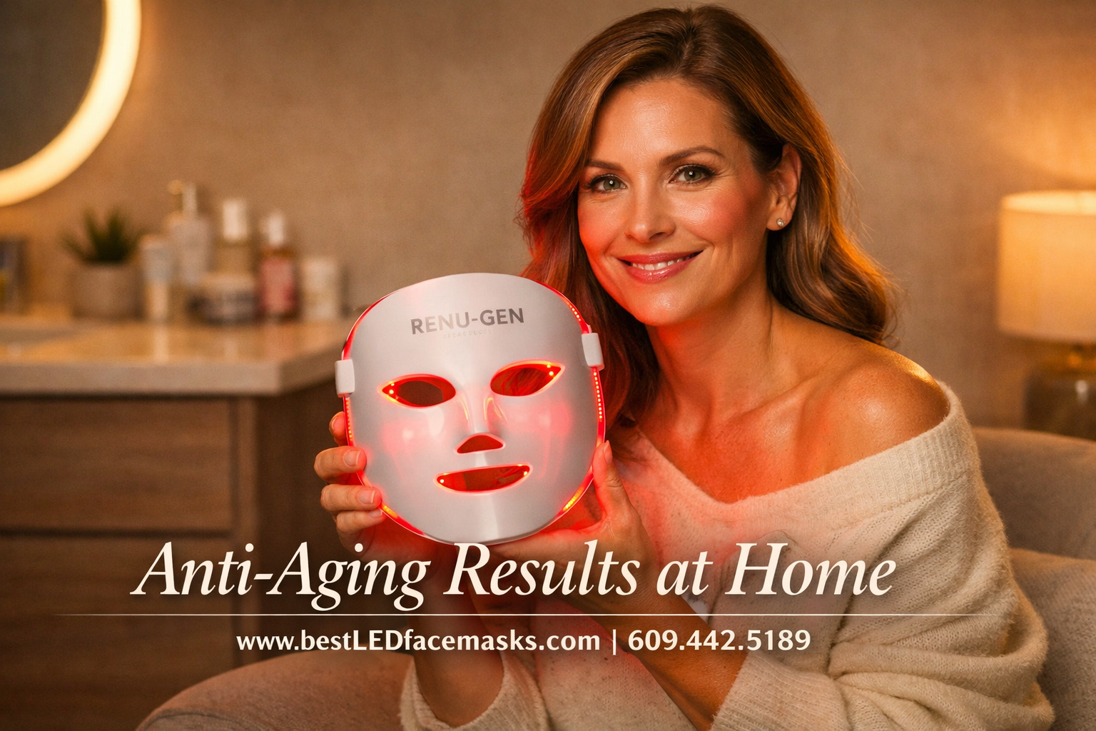 () showing a woman in her 40s with glowing, rejuvenated skin sitting in a modern home setting, holding the Renu-Gen red