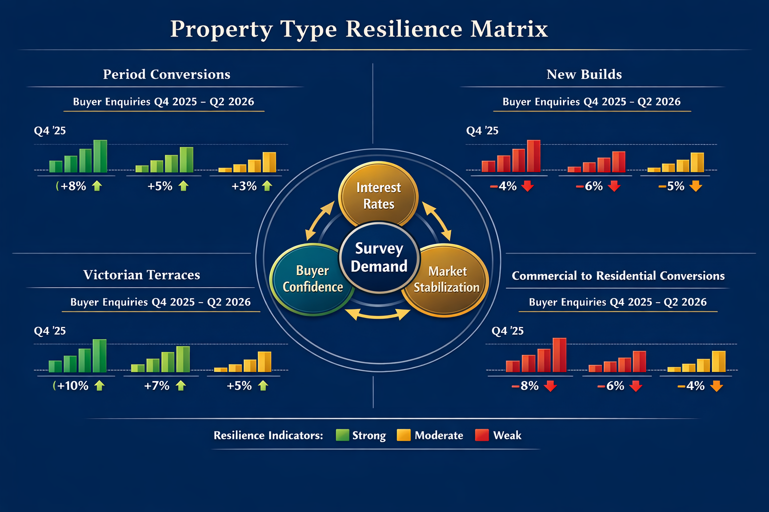 () detailed infographic showing property type resilience matrix with four quadrants displaying different property
