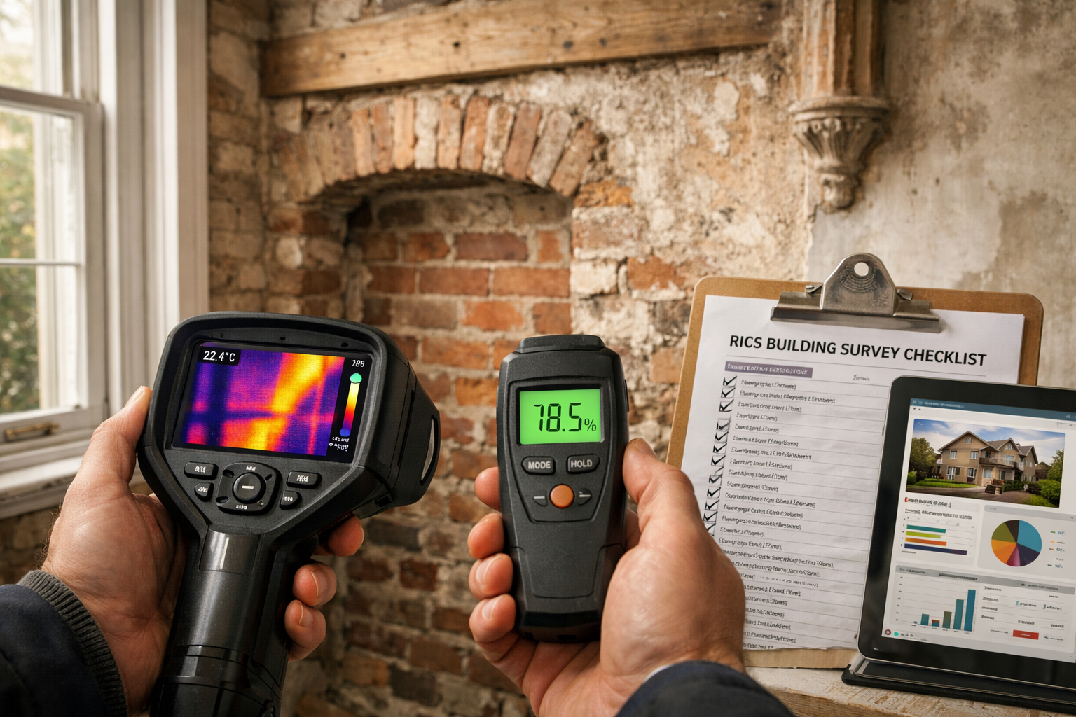 () photograph of professional property surveyor conducting detailed building inspection inside period property, examining