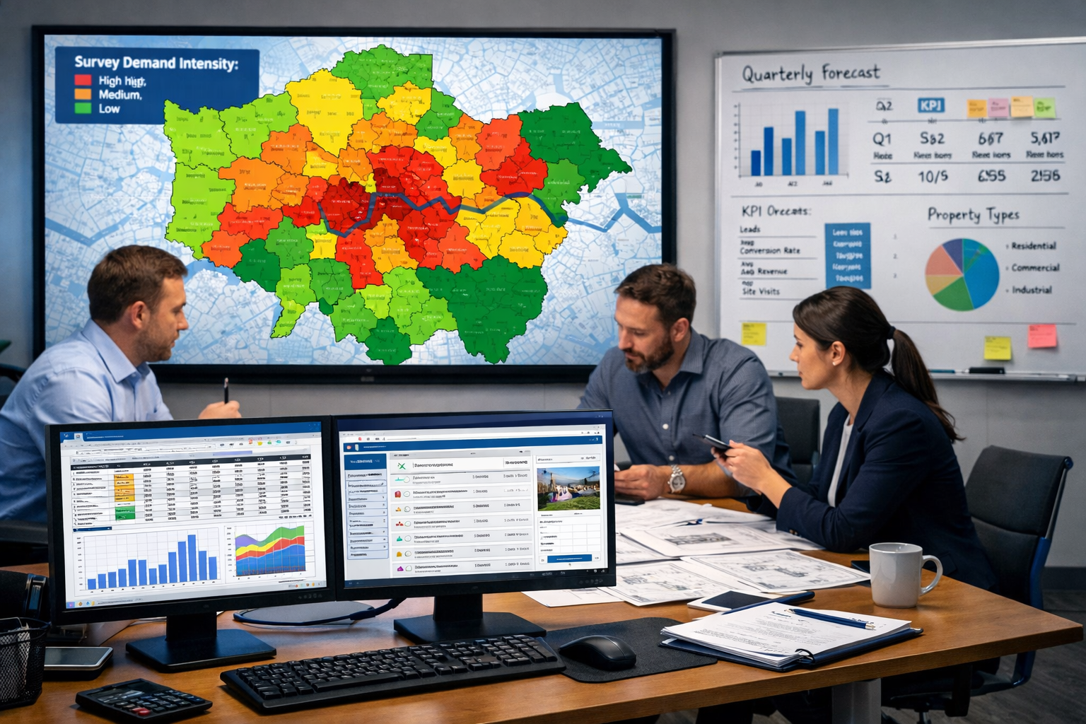 () modern office workspace scene showing property surveying team conducting demand forecasting analysis. Large wall-mounted