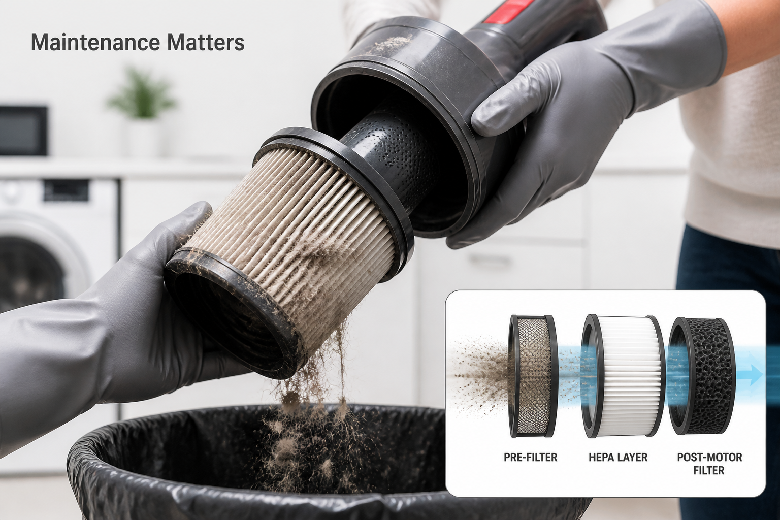 Digital illustration, graphic design style, Landscape format (1536x1024) close-up macro photography of a cordless vacuum HEPA filtration system being removed and cleaned, showing fine dust and pet hair particles captured in the filter mesh, hands in rubber gloves holding the filter over a trash bin. Background is a bright white utility room. Inset diagram in lower-right corner shows cross-section of multi-layer filtration with labeled layers: pre-filter, HEPA layer, post-motor filter. Text overlay in small sans-serif reads 'Maintenance Matters' in dark charcoal. Photorealistic, editorial quality, educational visual style.
